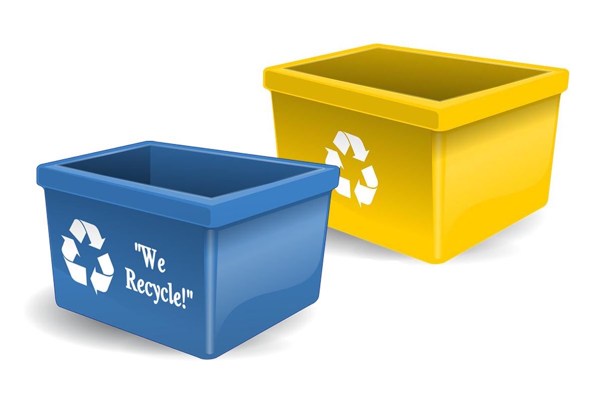 Blue and yellow recycling bins together