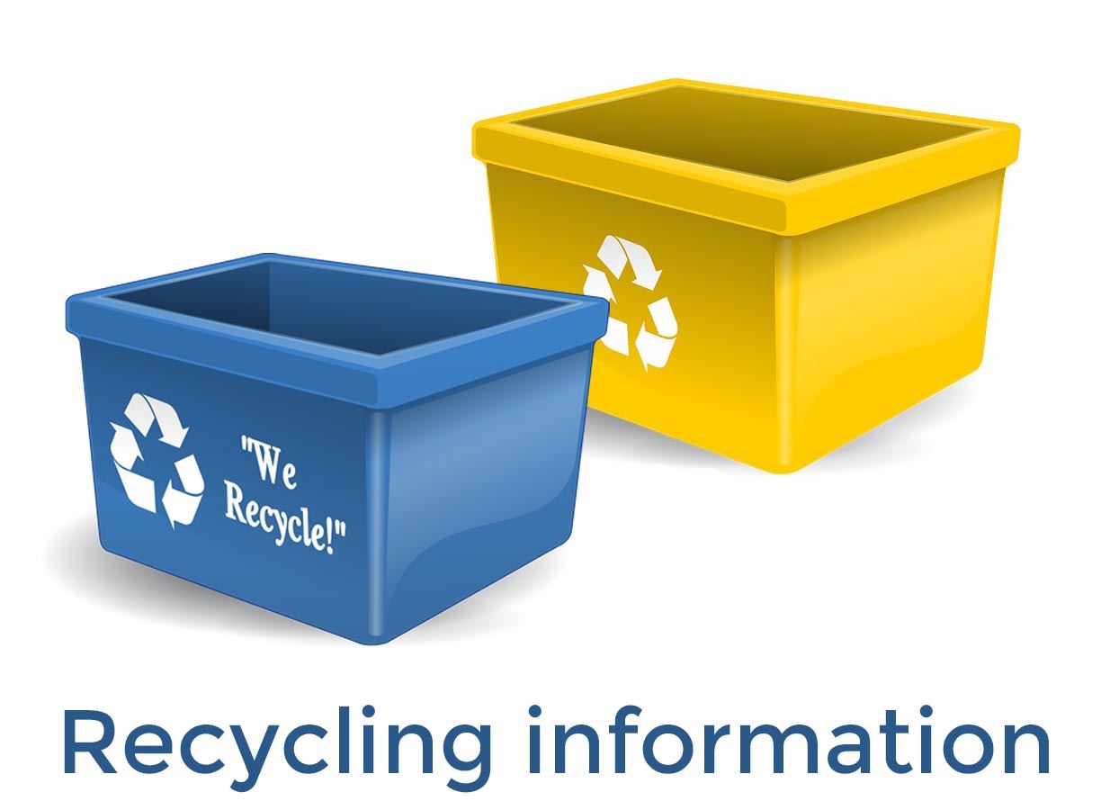 Blue and yellow bins. Text says Recycling informantion