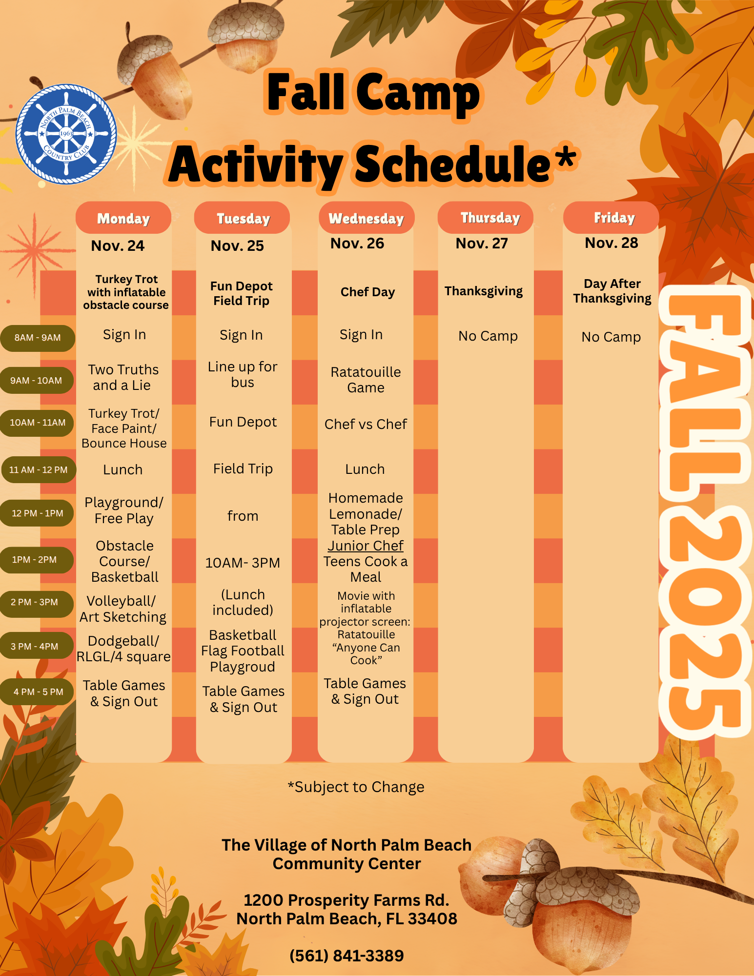 Fall Camp Activity Schedule 2025 