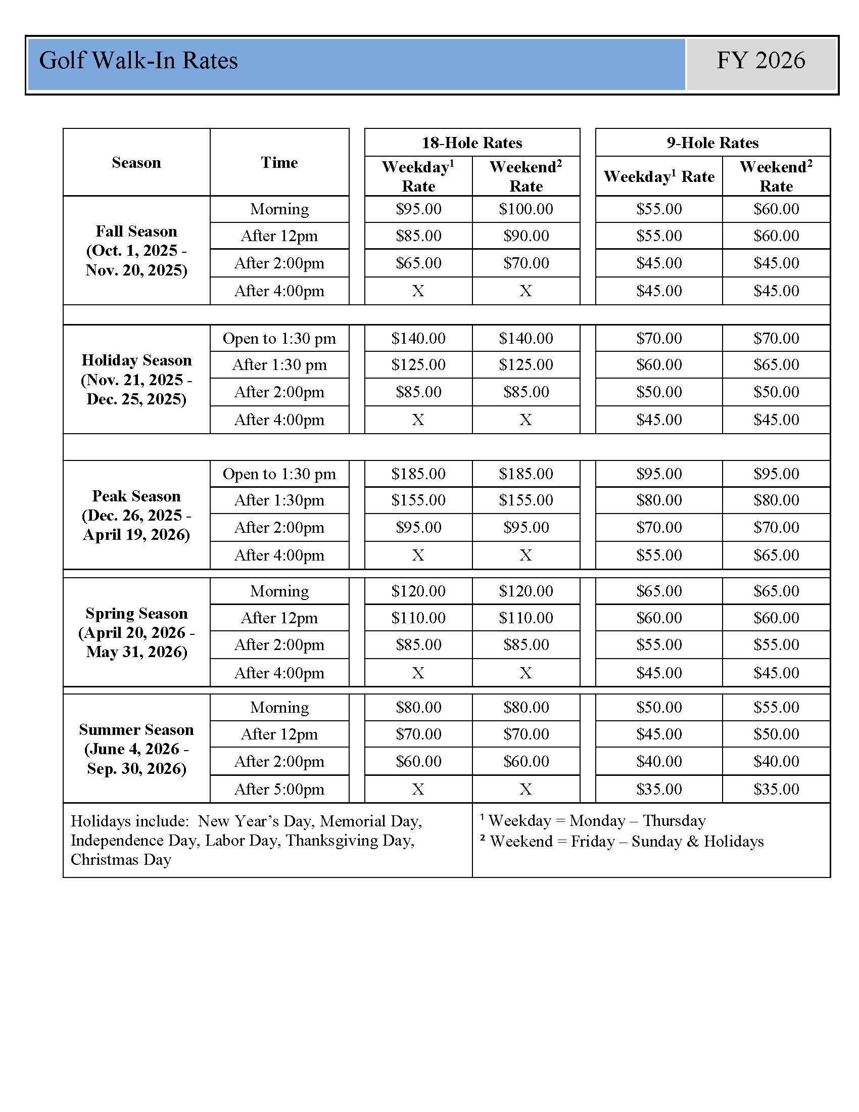2026 Golf Walk-In Rates