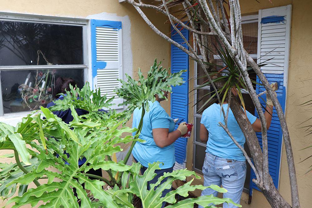 Photos of volunteers painting houses at NET event